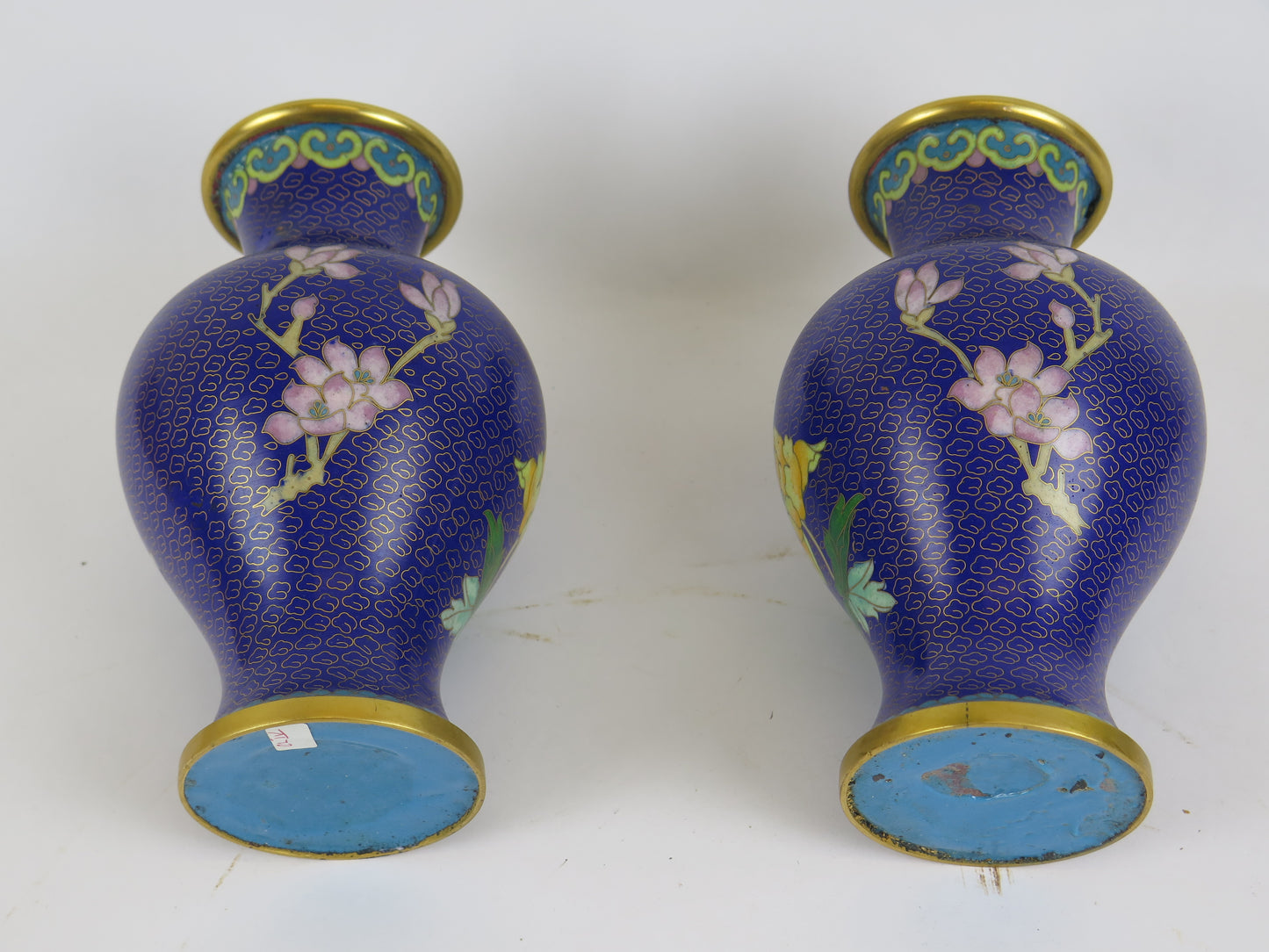 Coppia vasi cloisonnè vintage Cina Asia blu vaso fiori floreale CM1