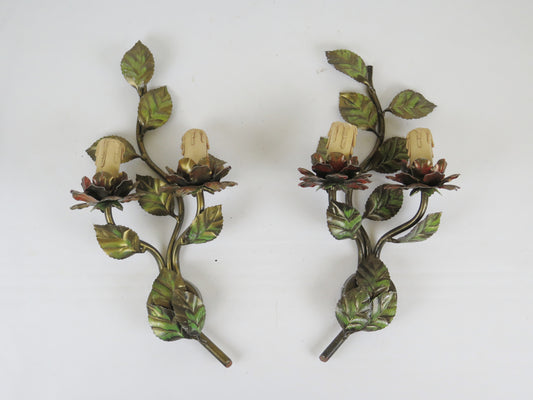 Coppia applique floreali foglie fiori in ferro battuto a due luci da parete vintage  X17 9-10