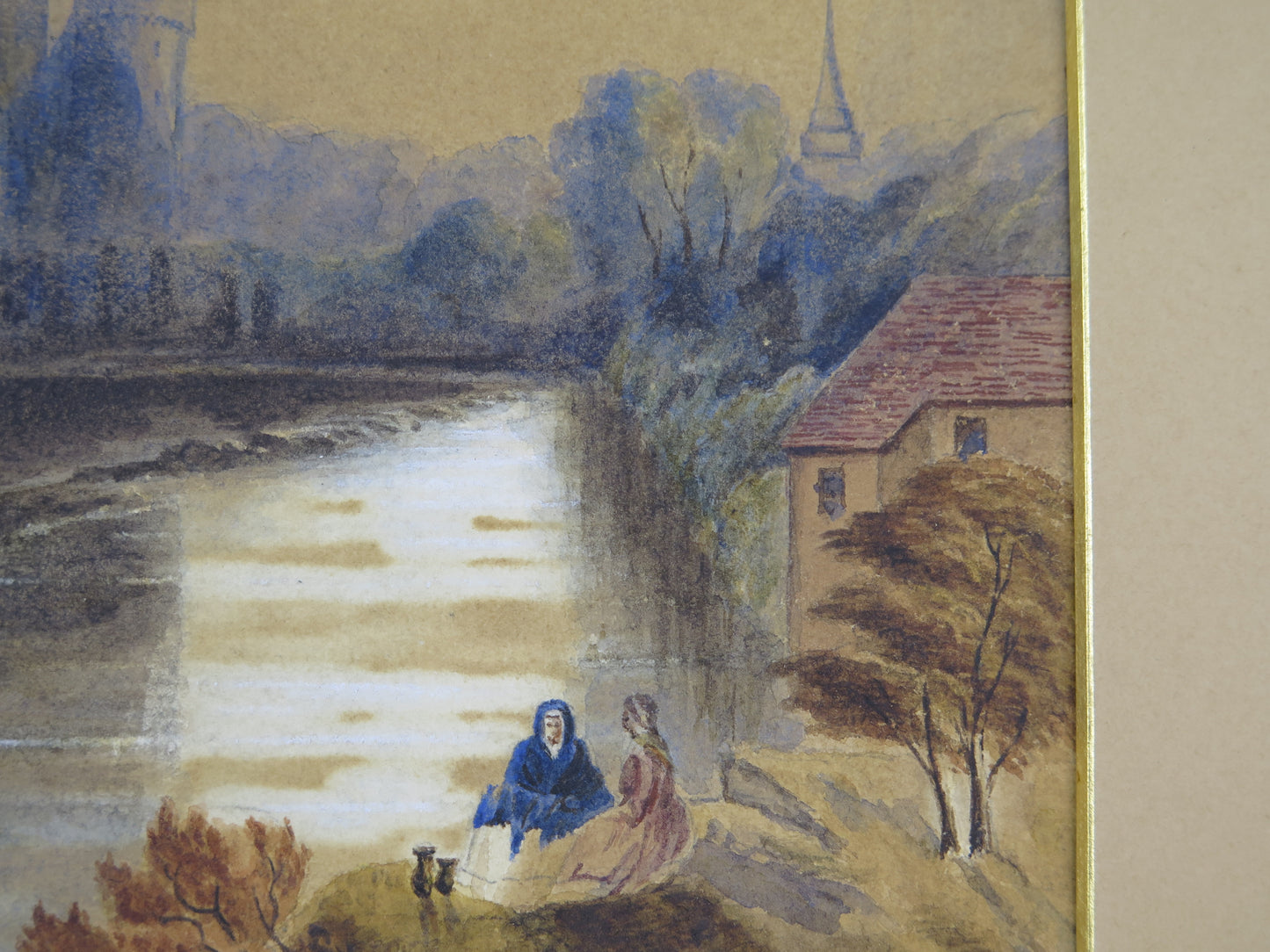 Quadro antico paesaggio in riva al fiume dipinto ad acquerello su carta con cornice di legno dorato X8