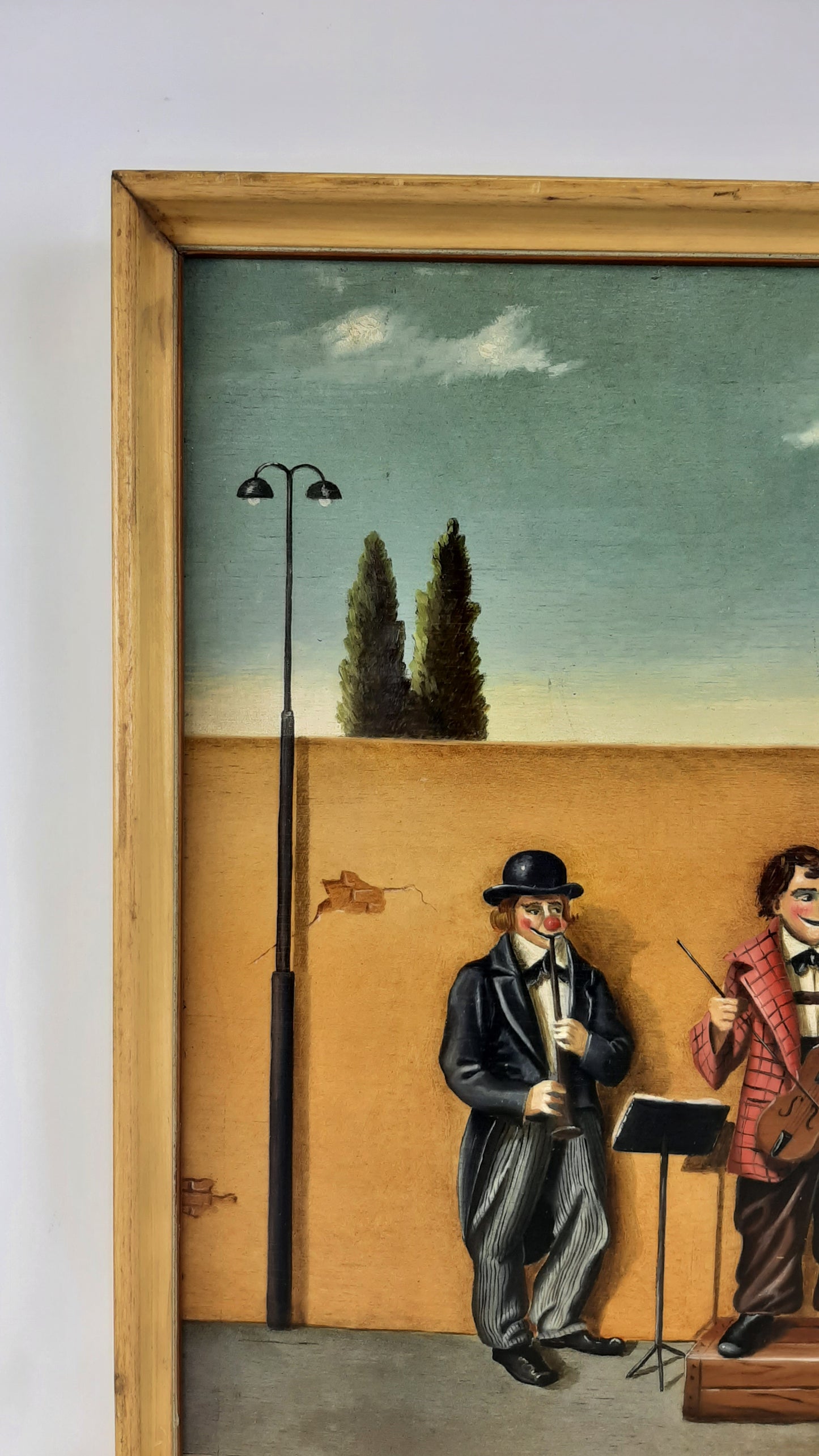 Dipinto ad olio opera del pittore Pier Luigi Cesarini concerto di clown per strada quadr ad olio su tavola firmato ritratto clown pagliacci X5