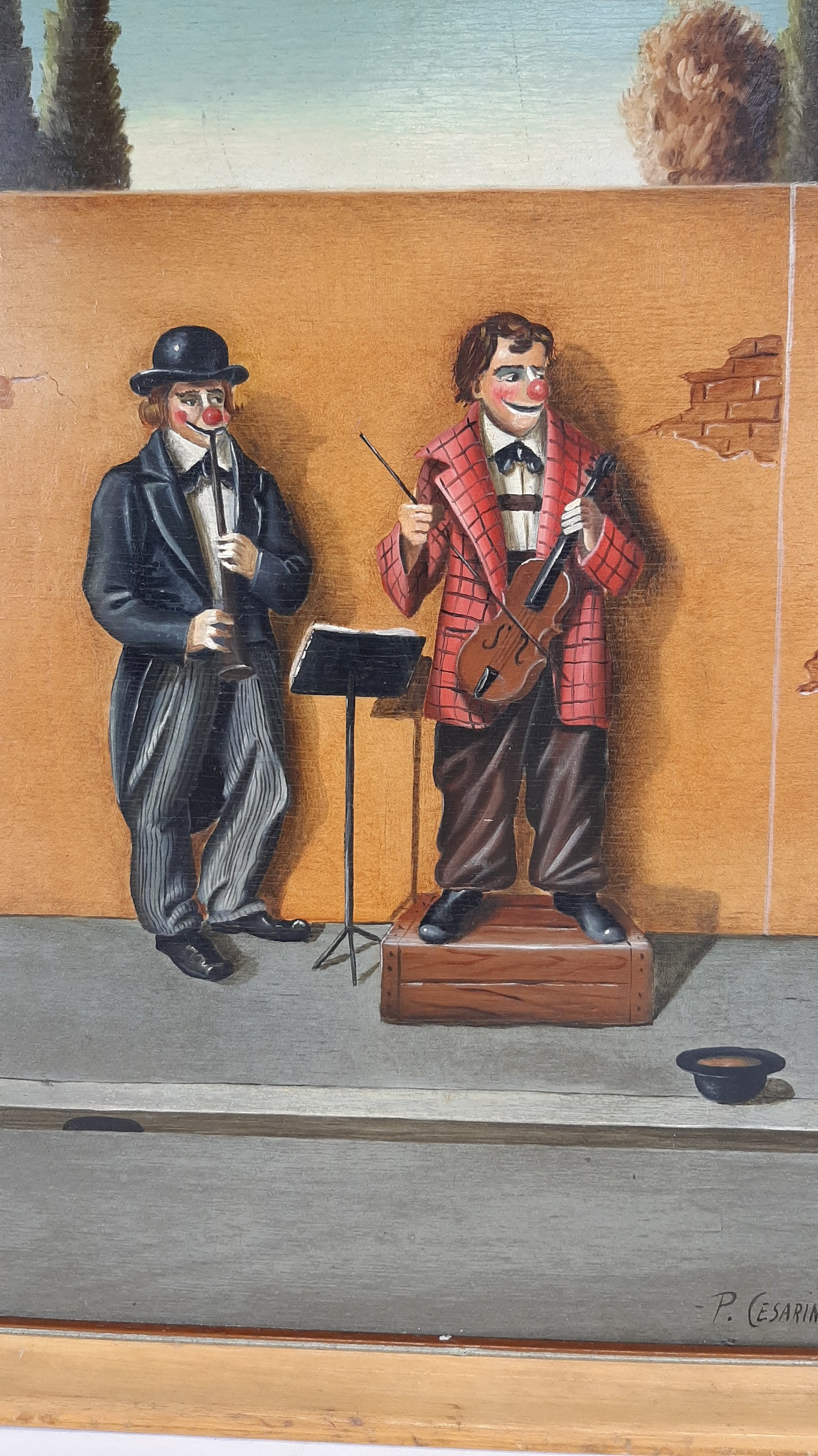 Dipinto ad olio opera del pittore Pier Luigi Cesarini concerto di clown per strada quadr ad olio su tavola firmato ritratto clown pagliacci X5