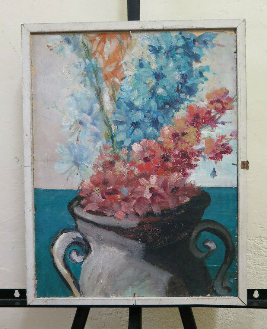 QUADRO ANTICO DIPINTO OLIO SU TAVOLA NATURA MORTA E MAZZO DI FIORI AL RETRO BM51