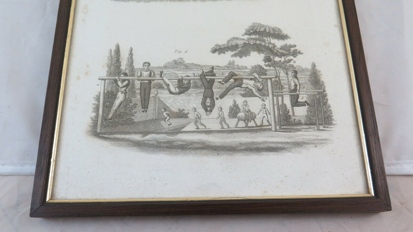 ANTIQUE PRINT ETCHING GYMNASTICS PUBLISHER GIUSEPPE POMBA TURIN 19th century BM41