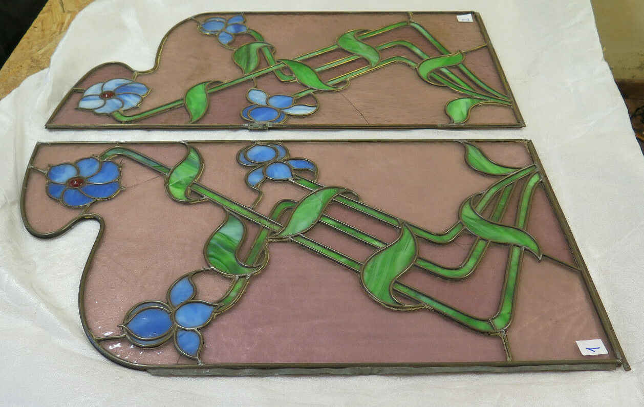 ANTIQUE LIBERTY ART NOUVEAU TWO-DOOR ORIGINAL CATHEDRAL GLASS WINDOW