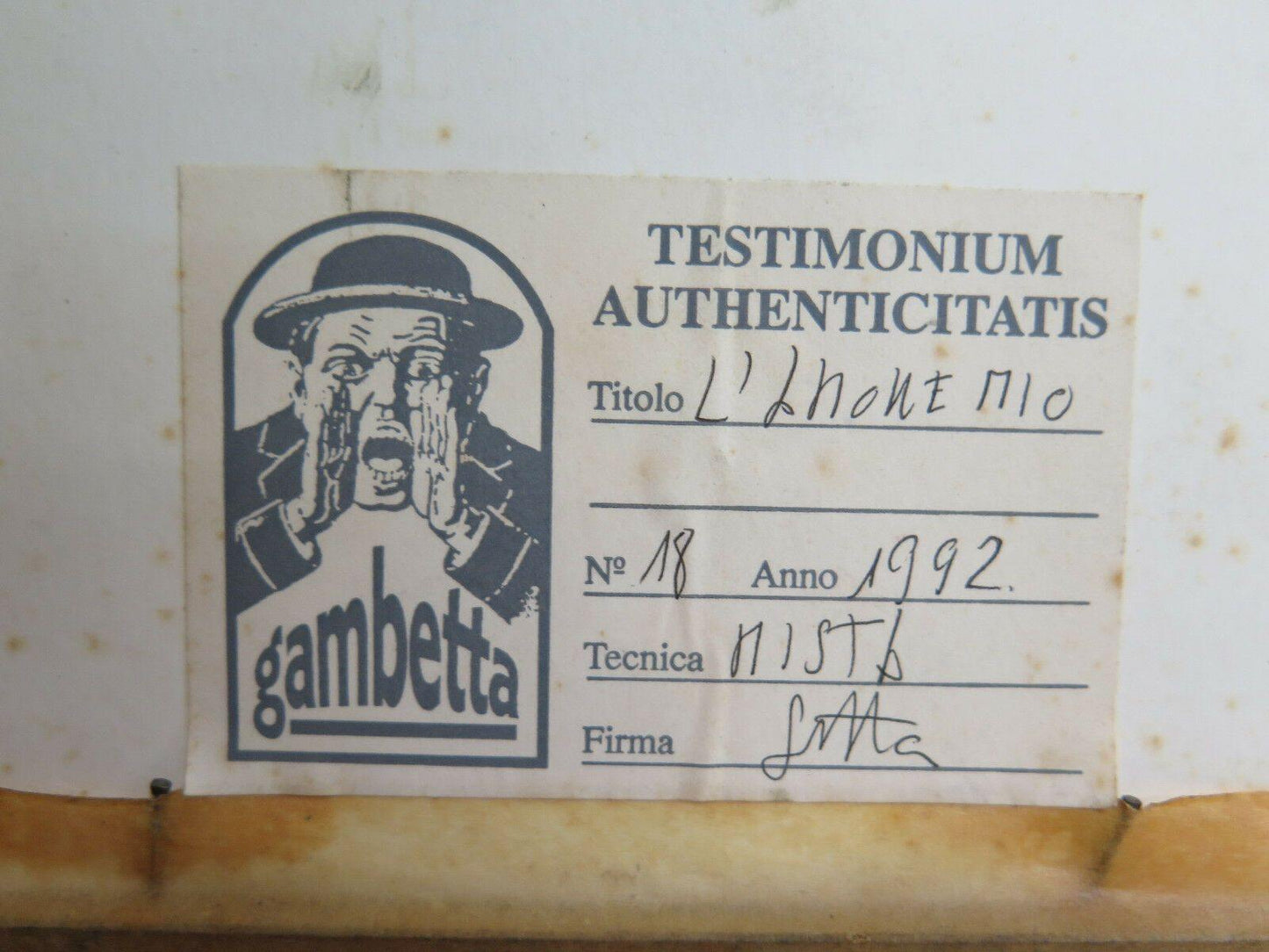 STAMPA ACQUERELLATA VINTAGE FIRMATA GAMBETTA AMORE MIO CON CERTIFICATO G24 - Belbello Antiques