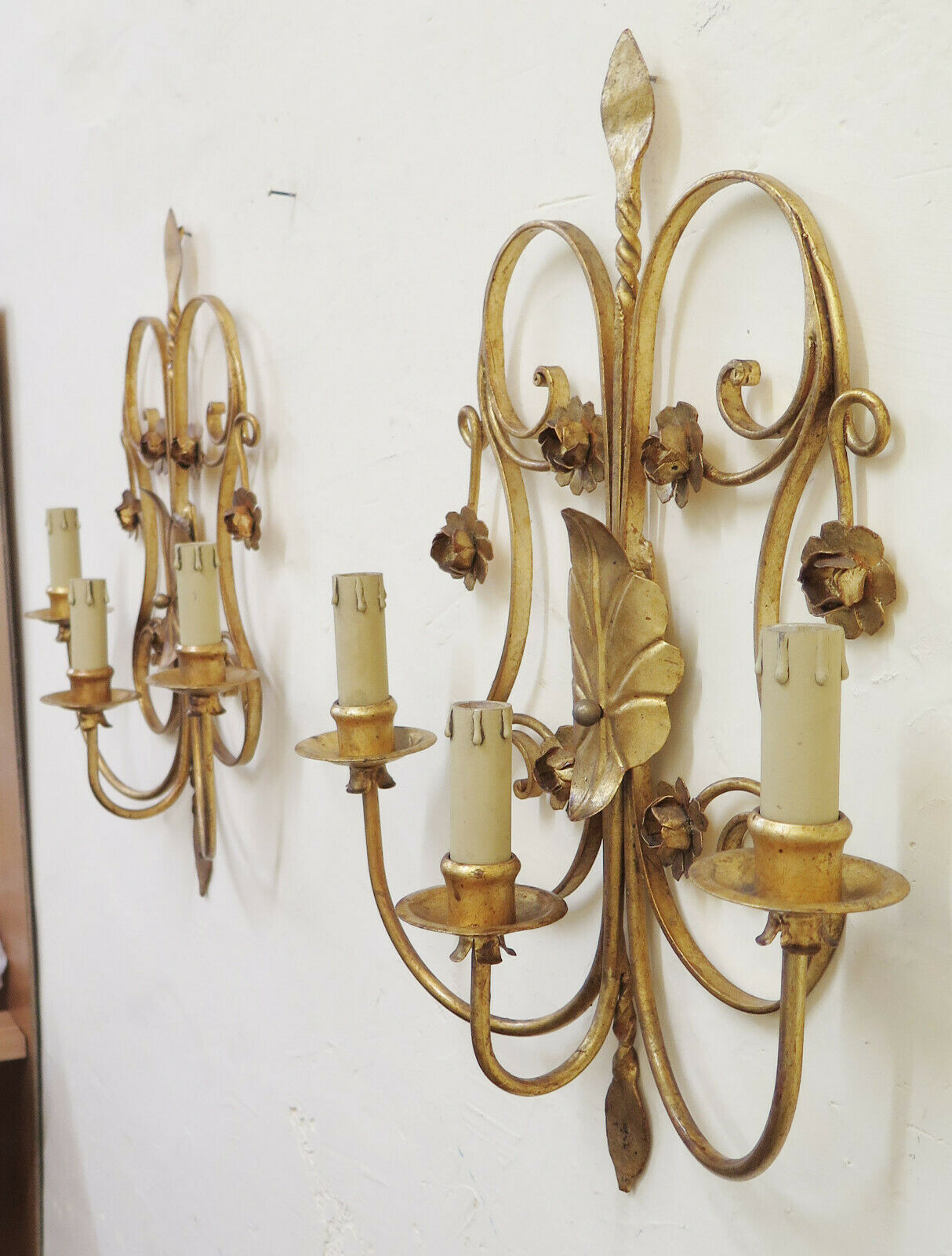 PAIR OF WALL LIGHTS IN VINTAGE GOLDEN WROUGHT IRON HANDMADE ITALY CH17