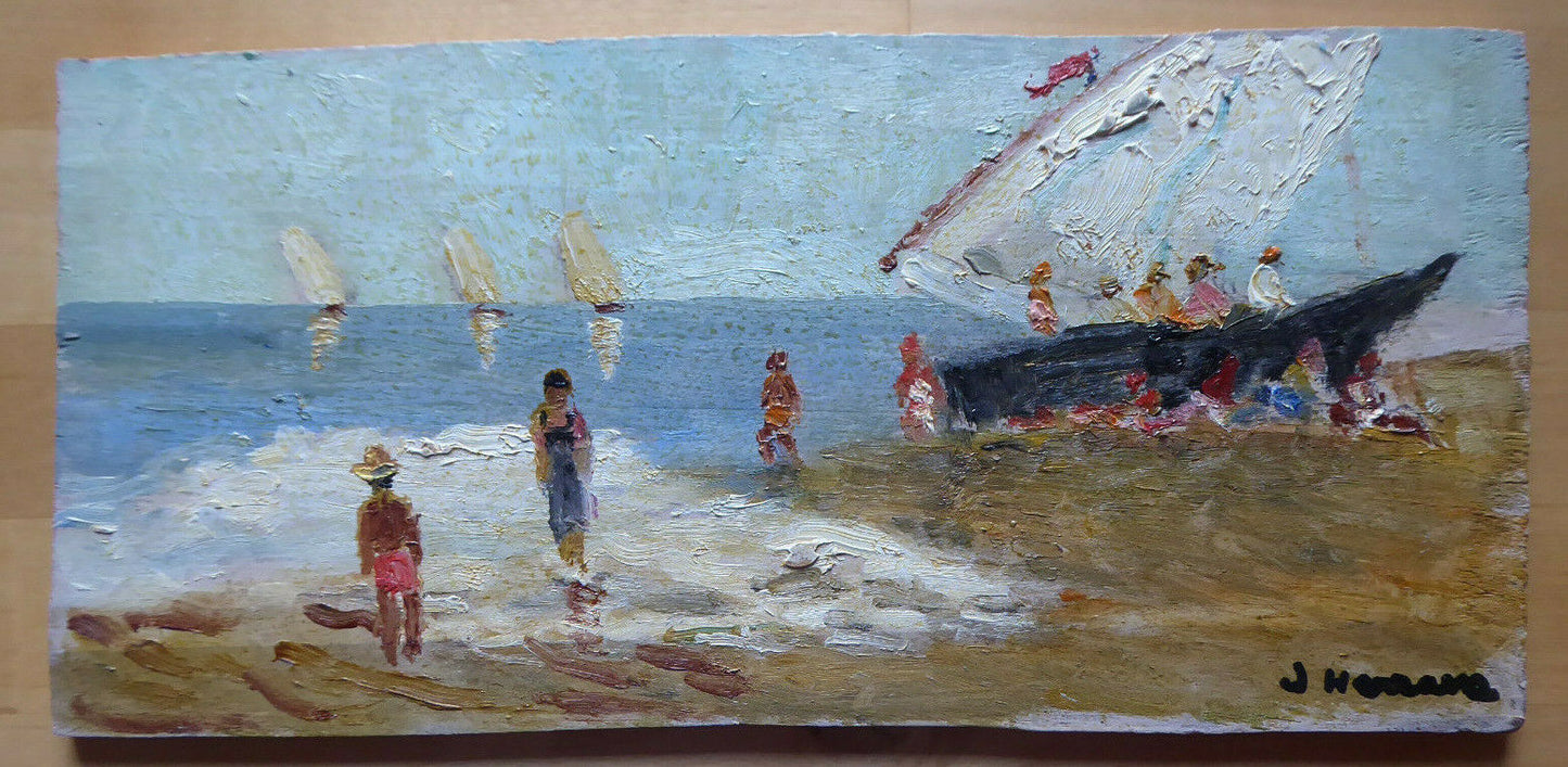 OLD SMALL OIL PAINTING SIGNED MARINA SEA LANDSCAPE MD1