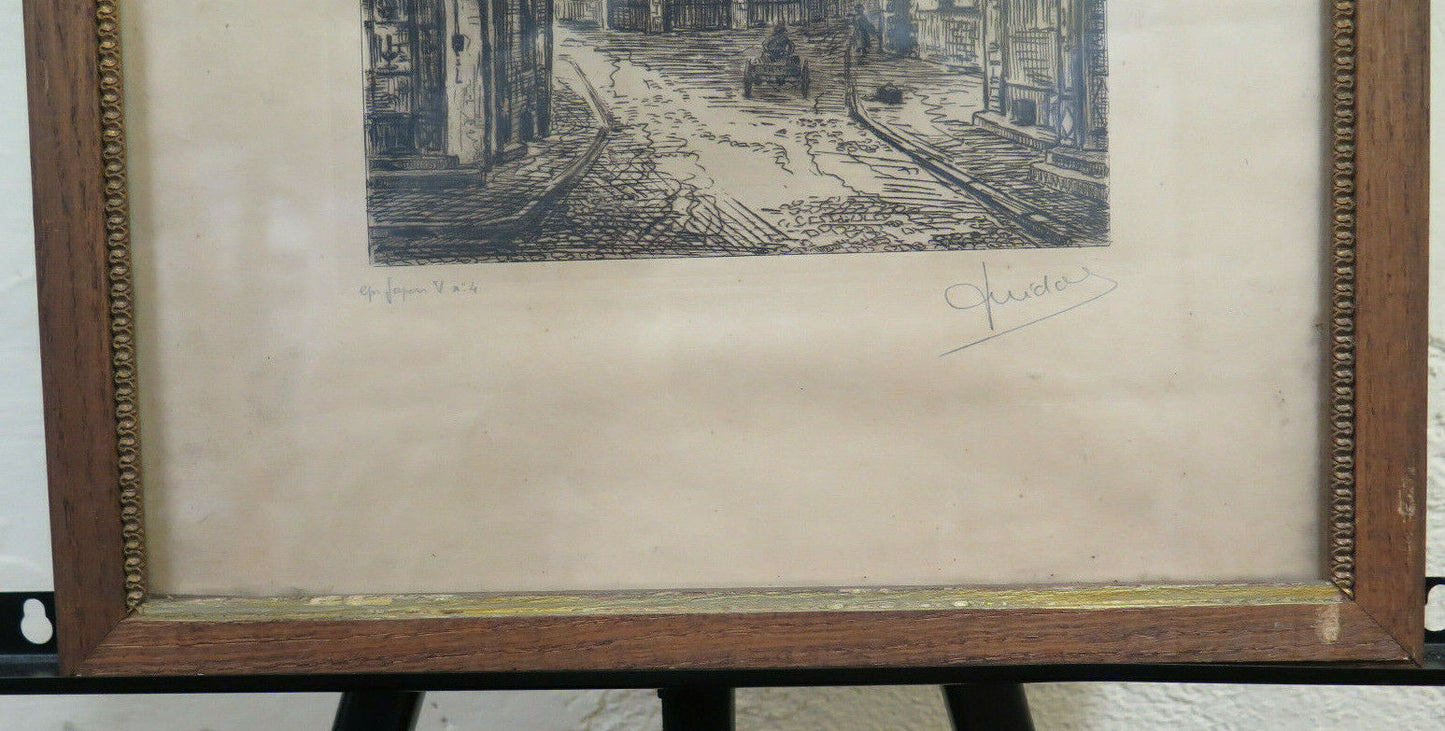 STAMPA ANTICA INCISIONE FIRMATA VEDUTA CITTADINA FRANCIA INIZIO SECOLO BM52