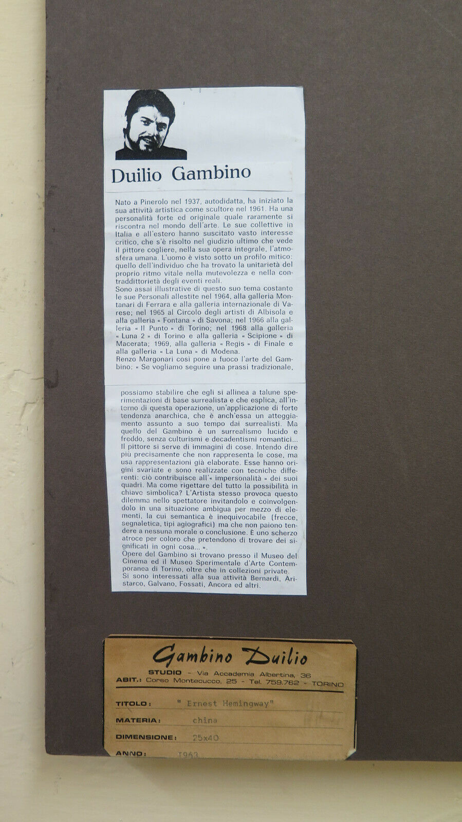 DUILIO GAMBINO 1937-2013 QUADRO VINTAGE RITRATTO DIPINTO SU CARTA BM51