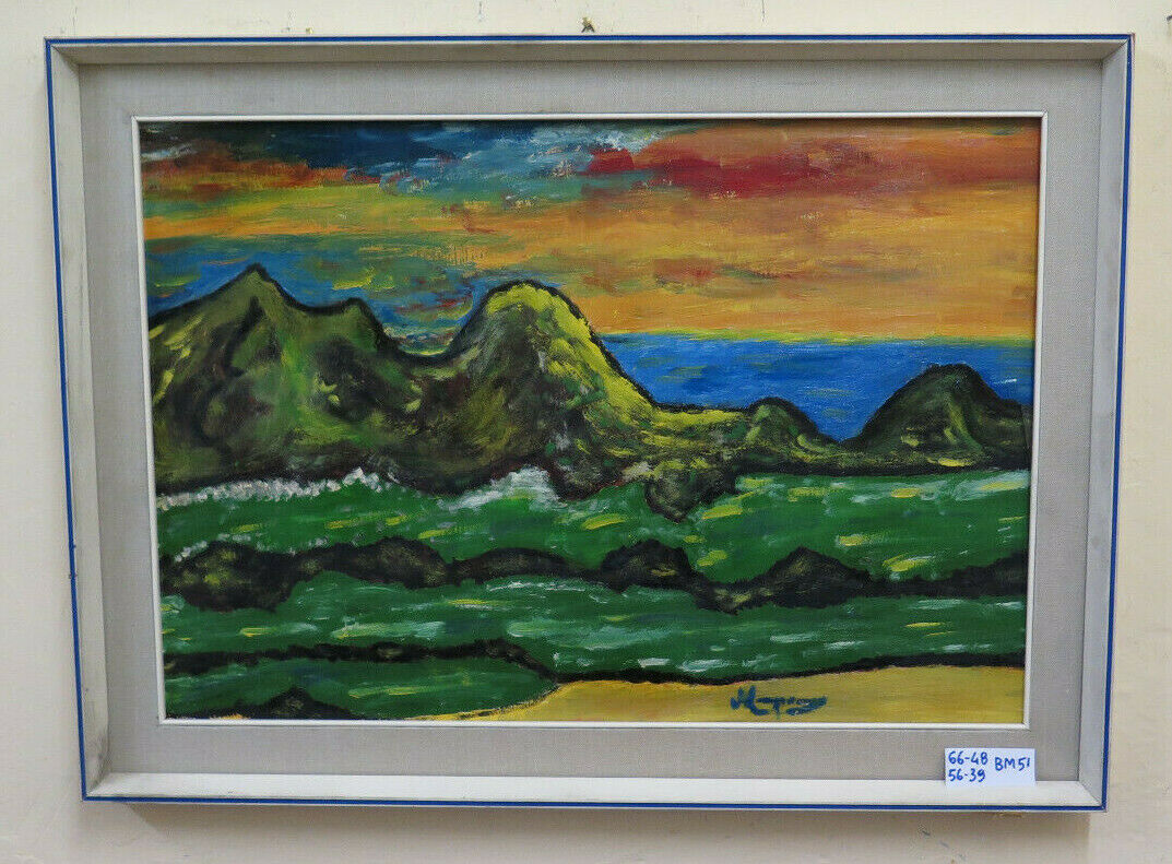 QUADRO VINTAGE FIRMATO PAESAGGIO VEDUTA MARE ANNI 70 1970'S ASTRATTO BM51