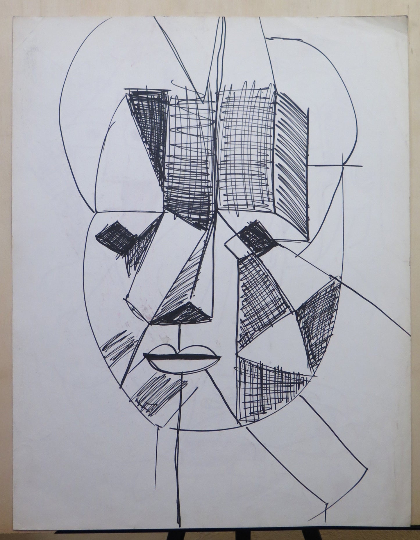 VINTAGE ACRYLIC PAINTING ON PAPER 70'S NUDE CUBIST STYLE FIGURES BLACK AND WHITEBM53.4