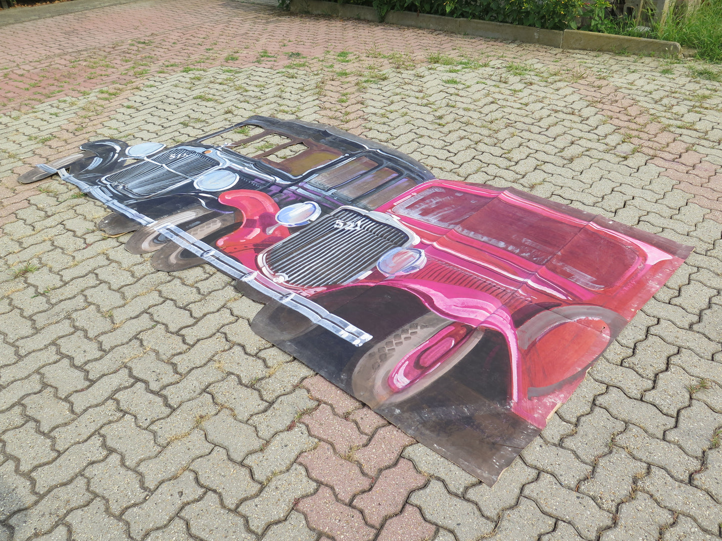 360x165 cm LARGE ANCIENT PAINTING SCENOGRAPHY THEATER CLASSIC CARS CL1.126