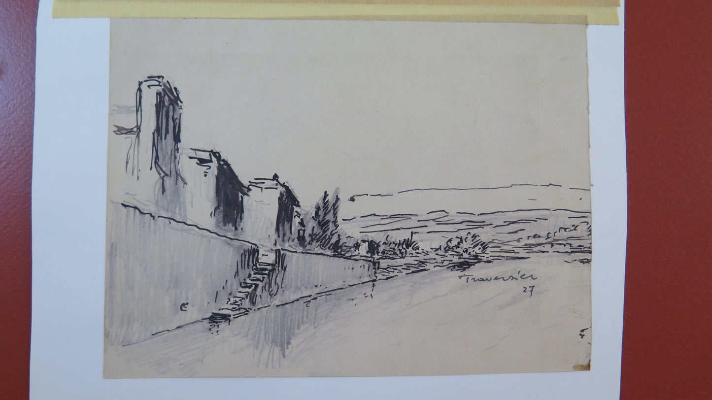 ANTIQUE DRAWING VIEW SIGNED TROUVASIER DATED 27 FRANCE EUROPE BM53.5C