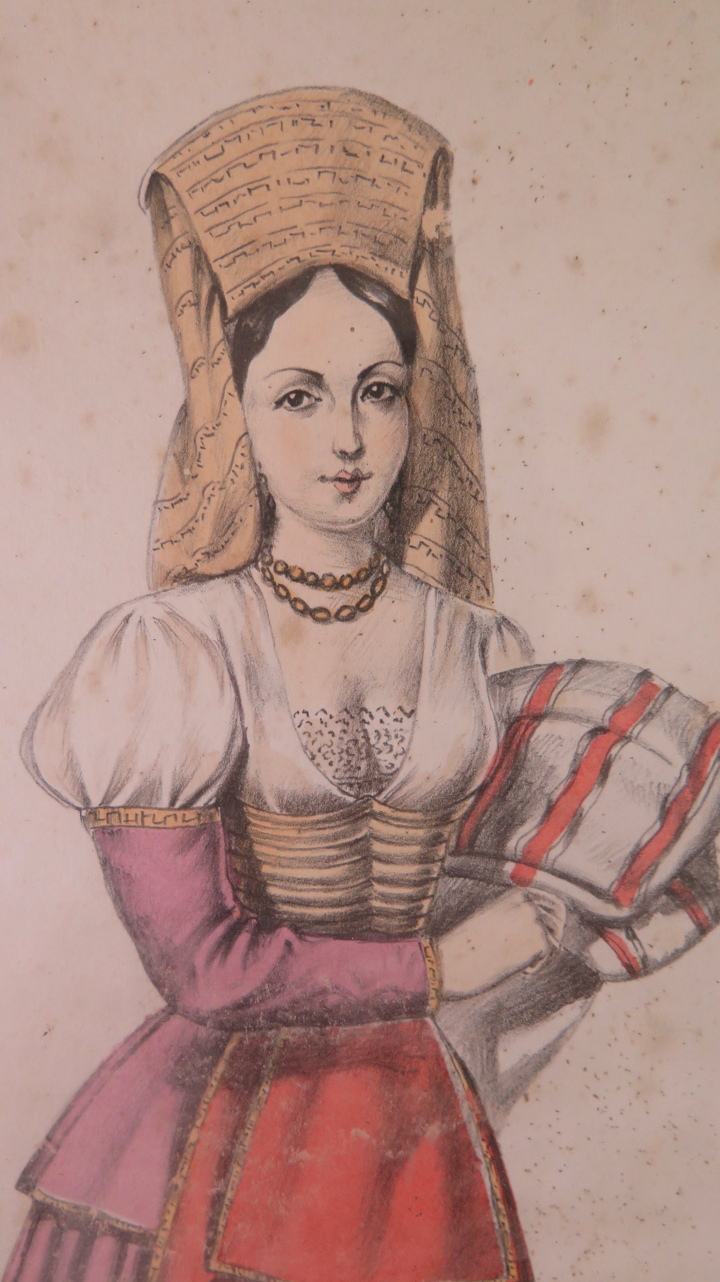 39x29 cm CORNICE ANTICA DI LEGNO CON STAMPA CAMPANIA COSTUME DI CASPOLI X12