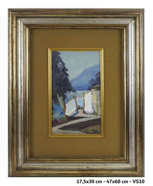 Oil painting by Metello Merlo Oggebbio Lake Maggiore signed sun linen vs10