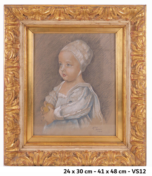 Antique painting portrait of a little girl signed dated pastel on paper vs12