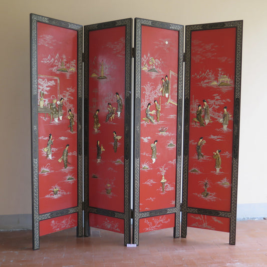 Vintage red lacquered Chinese room divider screen with inlaid wood figures