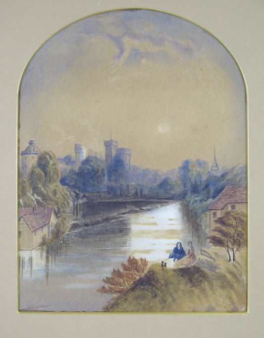 Antique landscape painting by the river painted in watercolor on paper with a gilded wooden frame