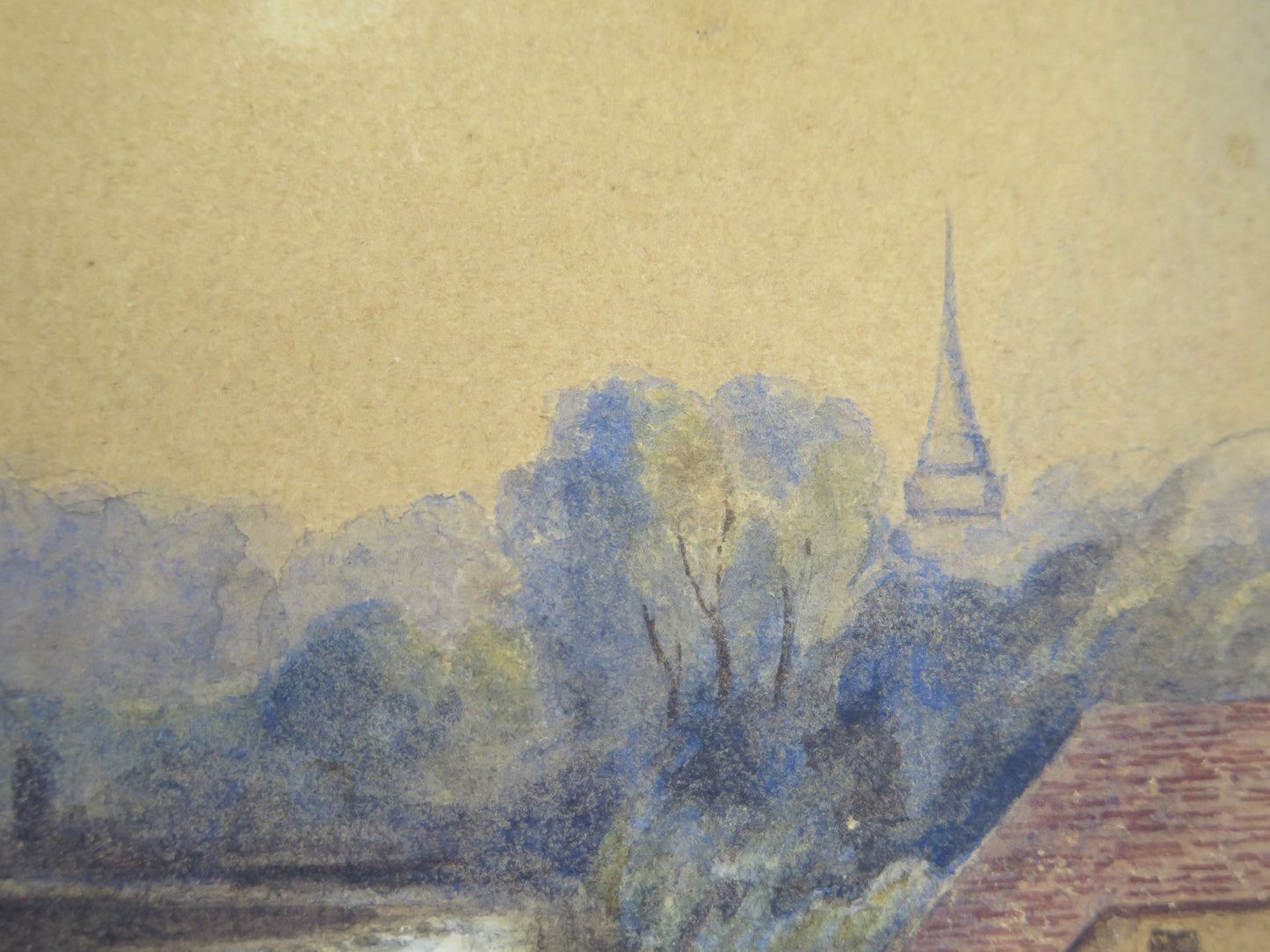 Antique landscape painting by the river painted in watercolor on paper with a gilded wooden frame