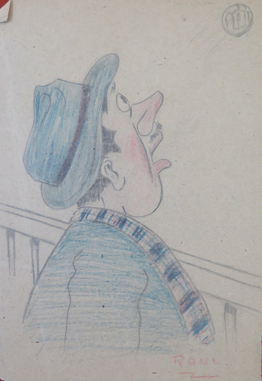 OLD COMIC DRAWING PENCIL ON PAPER SIGNED RAUL PORTRAIT OF MAN BM53.5b