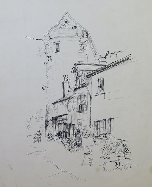 OLD CHINA DRAWING ON PAPER GLIMPSE OF COUNTRY VIEW OF CHARACTERS SIGNED BM53.5E