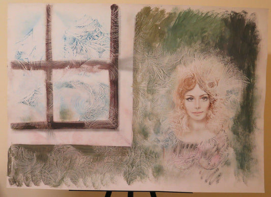 MODERN PAINTING MIXED TECHNIQUE ON CARDBOARD FEMALE PORTRAIT FROST TECHNIQUE P33.1