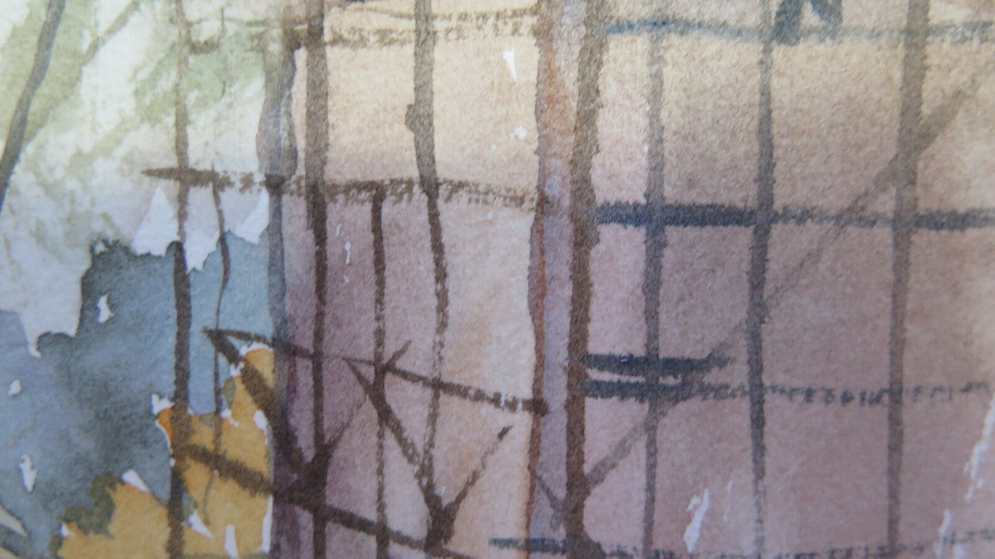 PICCOLO DIPINTO CIRCOLARE ACQUERELLO SU CARTA PAESAGGIO DI CAMPAGNA VINTAGE P31