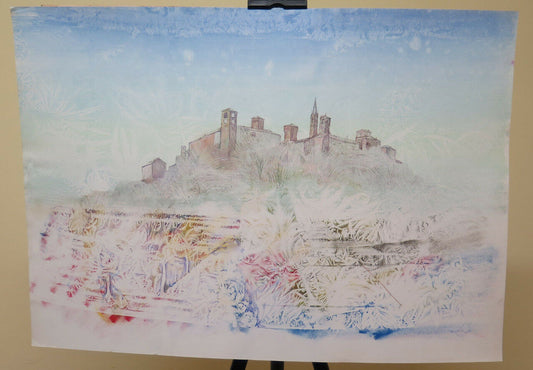 VINTAGE PAINTING VIEW OF Castelvetro di Modena PAINTED BY THE PAINTER PANCALDI P31