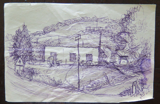 ANTIQUE SKETCH DRAWING PEN ON STUDIO PAPER FOR COUNTRY LANDSCAPE P28.4