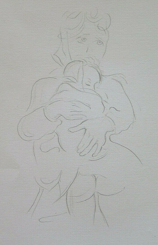 PORTRAIT MOTHER WITH CHILD DAUGHTER OLD DRAWING SKETCH PAINTER PANCALDI P14