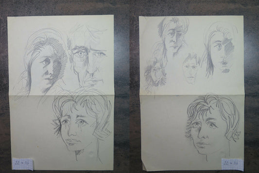TWO OLD SKETCHES DRAWINGS STUDIES FOR FEMALE FACES 1950s PAINTING P28