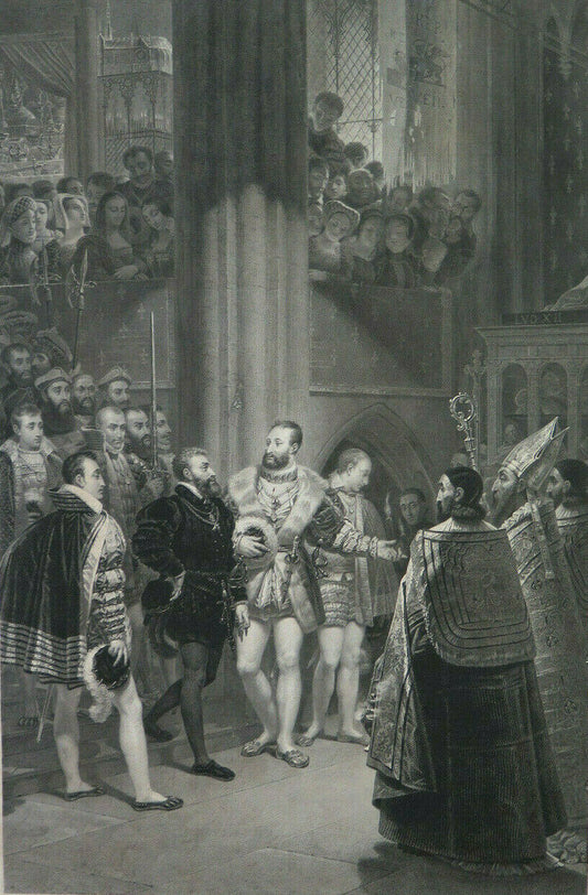 STAMPA ANTICA Francesco I e Carlo V visitano le tombe dei re a Saint DENIS X9