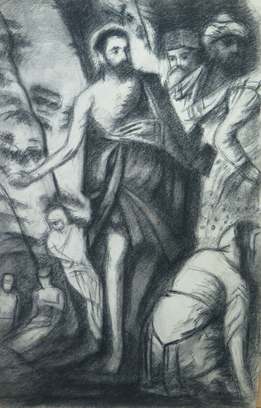 31x48 cm ANTIQUE CHARCOAL PAINTING BIBLICAL SCENE Pierre Duteurtre DUT BM53.1