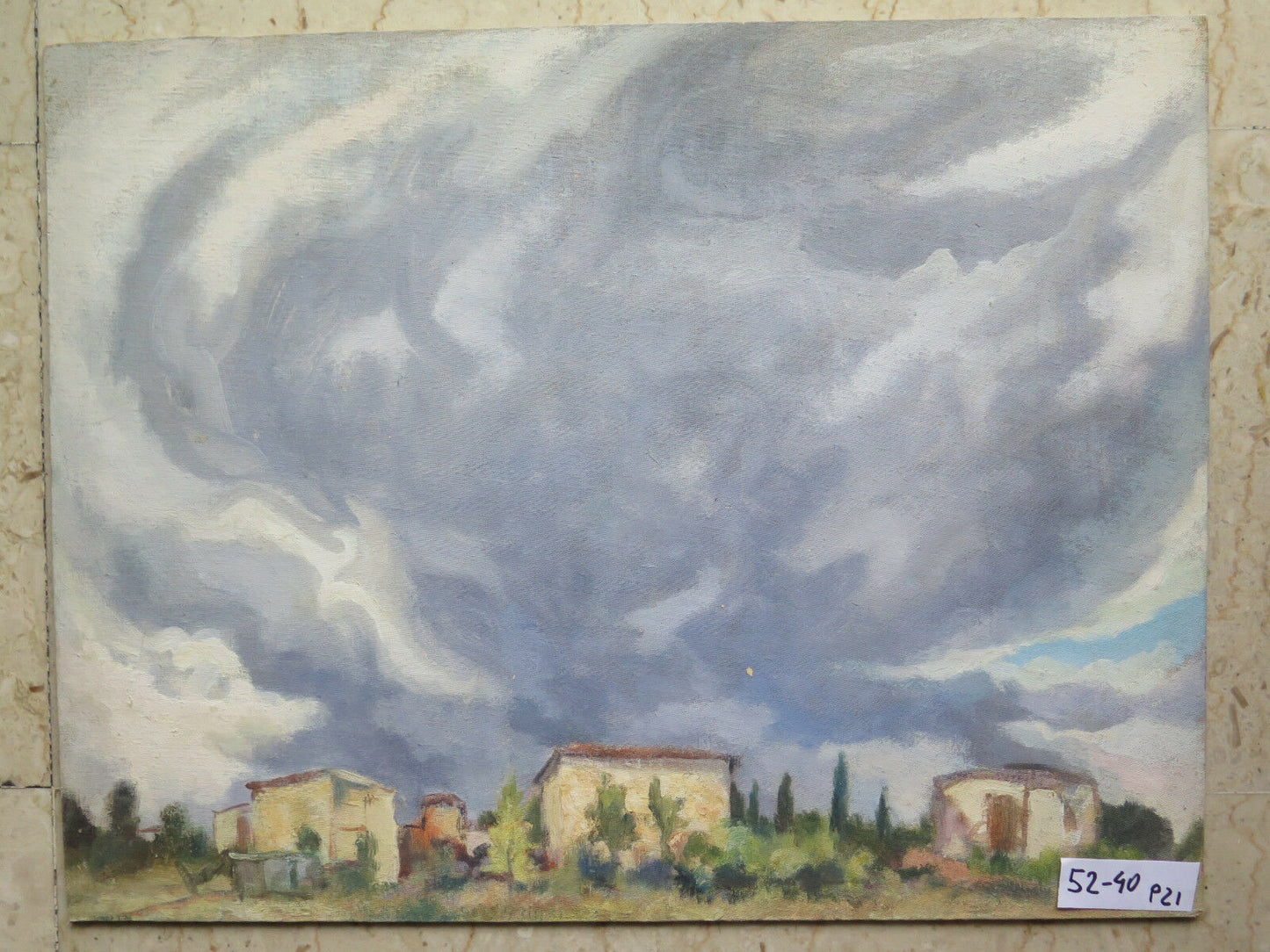 52x40 cm QUADRO AD OLIO DIPINTO SU TAVOLA PAESAGGIO CIELO NUVOLE TEMPORALE P21