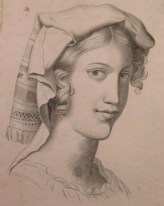 ANTIQUE DRAWING FEMALE PORTRAIT FRANCE 19th CENTURY ANTIQUE PAINTING OF YOUNG WOMAN BM53.3