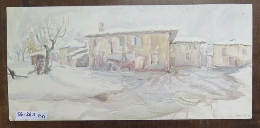ANTIQUE PAINTING WATERCOLOR PAINTING SNOWY WINTER LANDSCAPE SNOW HOUSES P31