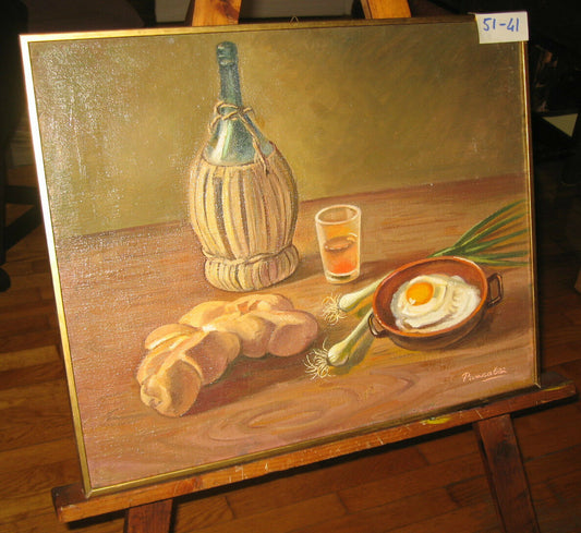ANTIQUE OIL PAINTING FRAMEWORK STILL LIFE FOOD FOOD ON THE TABLE VEGETABLES 