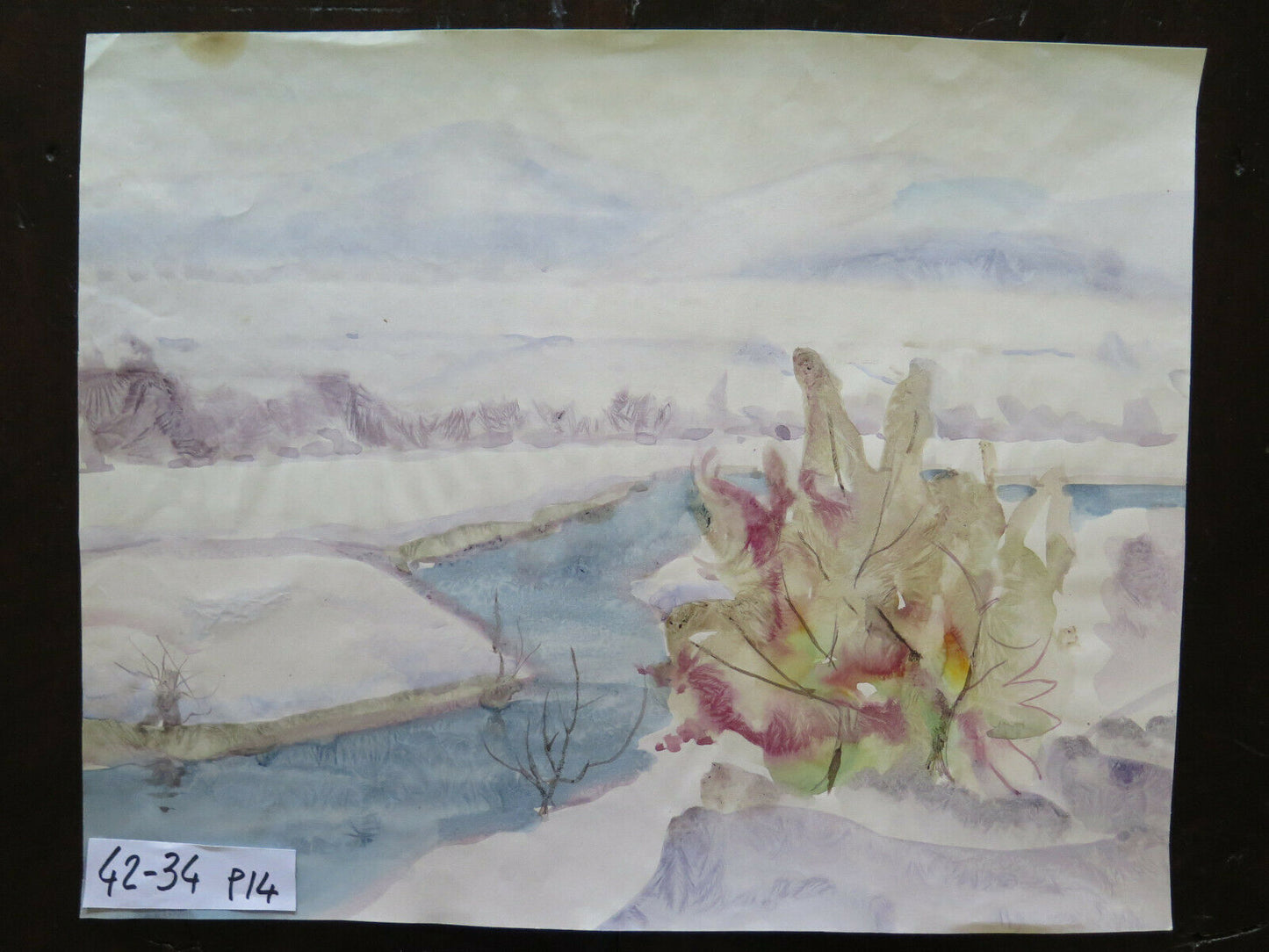 OLD PAINTING DREAMY WINTER LANDSCAPE PAINTING WATERCOLOR PAPER 42x34 cm P14
