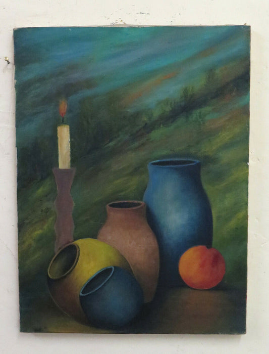 QUADRO VINTAGE DIPINTO OLIO SU TELA FIRMATO NATURA MORTA NOTTURNO OGGETTI BM44