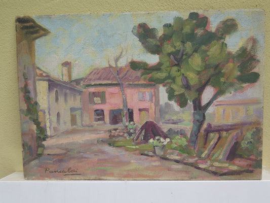 MODERN 900 PAINTING OIL ON TABLE COUNTRYSIDE LANDSCAPE WITH FARMHOUSES ANCIENT PAINTING