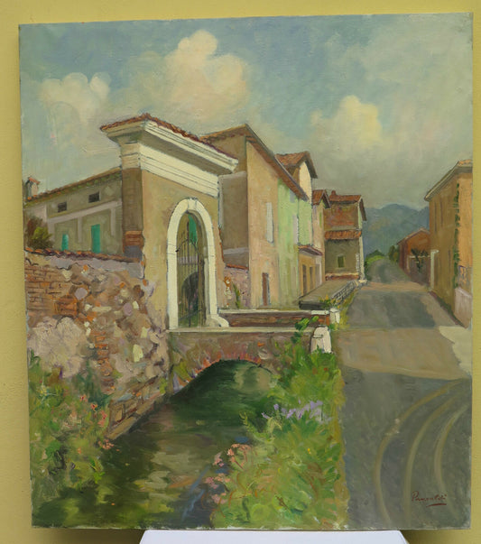 MODERN VINTAGE PAINTING FROM THE 20TH CENTURY VIEW OF A TOWN IN THE EMILIAN COUNTRYSIDE SIGNED p4
