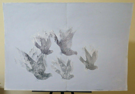 101x71 cm QUADRO VINTAGE DIPINTO TECNICA DEL GELO PICCIONI UCCELLI ANIMALI P33.3 - Belbello Antiques