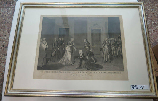 STAMPA INCISIONE ANTICA Visita delle LL.MM. Sarde a SS. Pio VI nella certosa c5 - Belbello Antiques