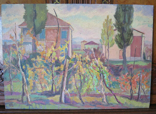 COUNTRY LANDSCAPE IN IMPRESSIONIST STYLE ANTIQUE OIL PAINTING p8