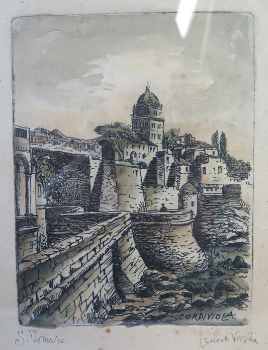 STAMPA ANTICA RENZO CORDIVIOLA SAN TOMASO GENOVA VECCHIA CON CORNICE LEGNO G35 - Belbello Antiques