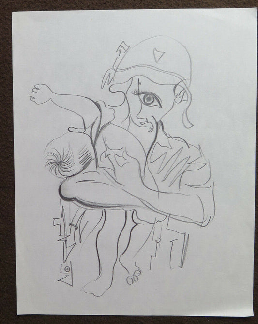 VINTAGE DRAWING PENCIL ON PAPER 1960s VIETNAM WAR CHILD SOLDIER P28.7