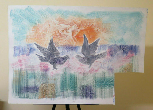 100x70 cm QUADRO VINTAGE DIPINTO TECNICA MISTA SURREALISTA ONIRICO ANNI 80 P33.3 - Belbello Antiques