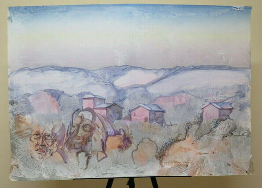 100x70 cm QUADRO VINTAGE AUTORITRATTO SIMBOLISTA SU PAESAGGIO INVERNALE P32 - Belbello Antiques