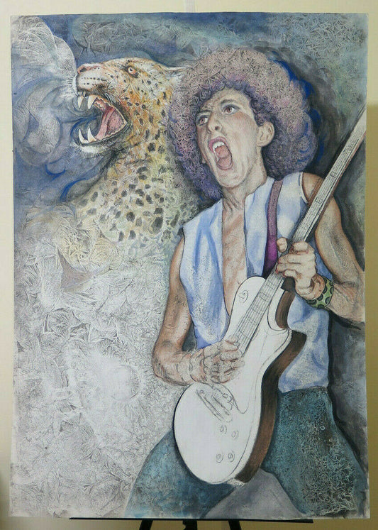 72x101 cm MALE PORTRAIT PAINTING MIXED TECHNIQUE VINTAGE ROCK GUITARIST P33.3