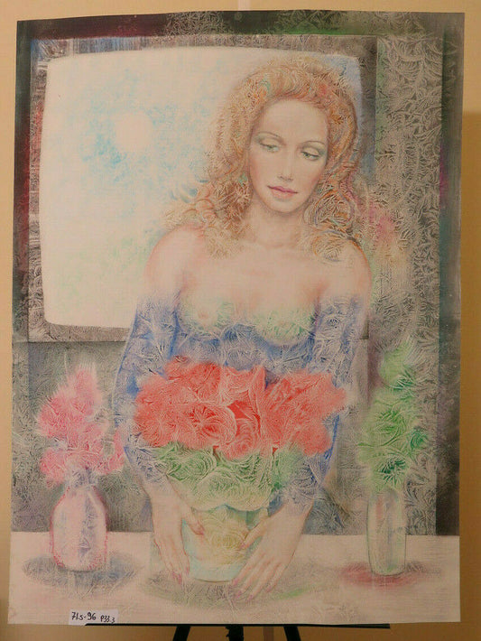 71x96 cm VINTAGE PAINTING EXPERIMENTAL TECHNIQUE FEMALE PORTRAIT P33.3